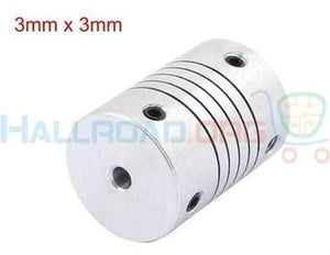 3x3mm Flexible Coupling Shaft - a cylindrical silver metal component with a spiral-cut flexible body and four small black set screws.