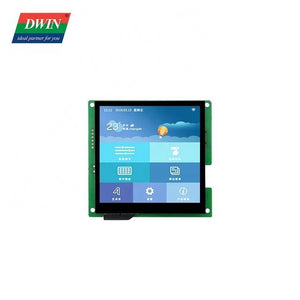 4.0 Inch HMI LCD Display DMG48480C040_03W Commercial Grade - a square screen displaying a graphical user interface with weather, date, time, and various menu icons.