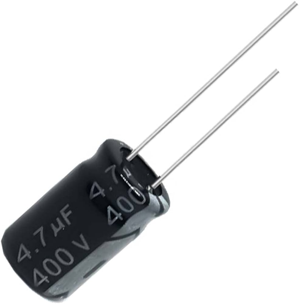 4.7uF 400V Aluminum Electrolytic Polar Capacitor - a black cylindrical electronic component with two metal leads and printed text showing its specs.