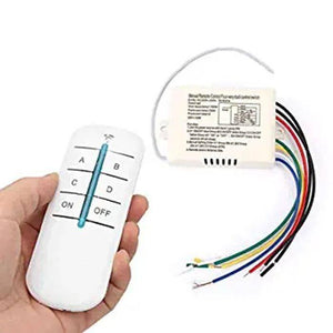 4 Channel Remote Control Switch 4 On Off 220V | Home Automation Kit from Digilog.pk - a white handheld remote with A, B, C, D, ON, OFF buttons and a white receiver box with colored wires.