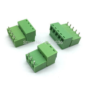 4 Pin Connector PCB Mount Right Angle, Bent Screw Terminal - three green, four-pin, right-angle screw terminal blocks shown from different angles.