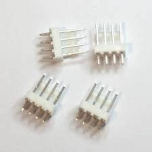 4 Pin RGB Panel Connector Fan Connection Pair With Male Header - four white plastic 4-pin male header connectors arranged on a white background.