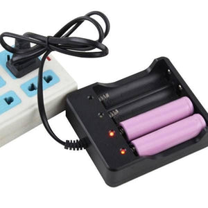4 Slot 18650 Li-ion Battery 4.2V Four Slot Lithium Ion Batteries Smart Charger - a black charging dock with two pink batteries and two red indicator lights.