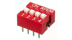 4 Way DIP Switch Made In Korea - a red, four-position slide switch with white toggles labeled 1 through 4 and four metal pins on the bottom.