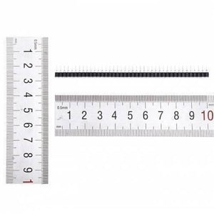 40 Pin 2.54mm Single Row Round Female Pin Header Strip - shown with two metal rulers for scale, displaying the length of the black connector strip.