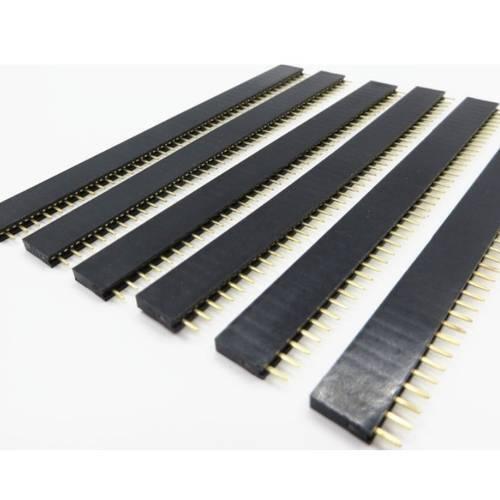 40 Pin 2mm Pitch Female Header - a collection of several long, black, rectangular plastic strips with gold-coloured metal pins protruding from them.