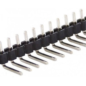 40 Pin 90 Degree Right Angle Male Header Break Away Bent Header - shown as a close-up of a black plastic strip with a row of silver right-angled metal pins.