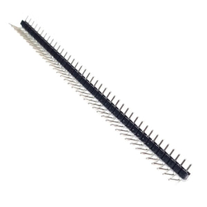 40 Pin 90 Degree Right Angle Male Header Break Away Bent Header - a single long black plastic strip with forty silver-colored metal pins bent at 90 degrees.