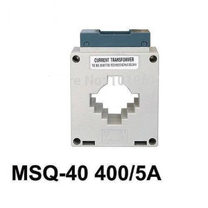 400 Amp To 5 Amp Current Transformer - a square grey electrical component with a central opening and a top terminal block labeled with technical text.