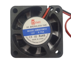 40mm X 40mm X 10mm 4010 12V 0.15A DC Brushless Ball Bearing Cooling Fan 2pin - a square black fan with a central label showing the model number, voltage, and current, and two power wires.