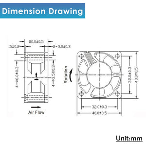 40mm X 40mm X 20mm 24V DC Brushless Small Mini Axial Cooling Fan 3d Printer Fan - dimension drawing showing technical schematics and measurements in mm.