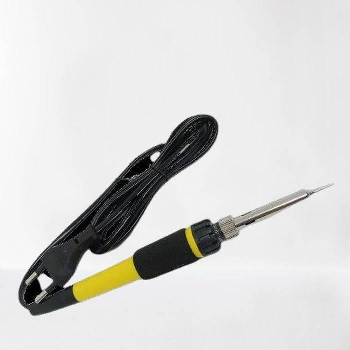 40W Soldering Iron Soldering Tool - a yellow and black handle, a silver metal tip, and a black power cord with a two-pin plug.