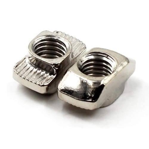 40XM5 T Slot Nut M5 Thread For 40 Series European Aluminium Profile Nickle Plated Hammer Head Type T Nut - two silver-colored, nickel-plated hammer head T-nuts with internal M5 threading shown in a close-up view.