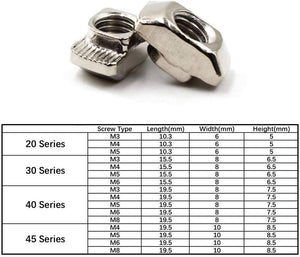 40XM8 T Nut Sliding T Nut Hammer Drop In Nut Fasten Connector M8 Series - two silver-colored metal T-nuts and a table listing specifications for various series and sizes.