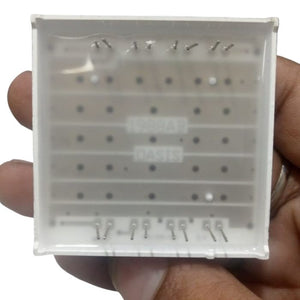 42MMX42MM 8x8 red dot matrix - a square LED display module with pins on the top and bottom, held in a hand.