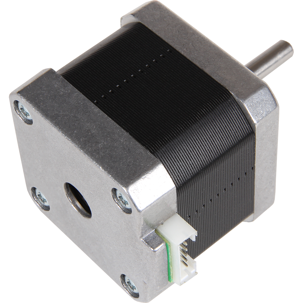 42SHD0217-24B High Torque NEMA 17 Stepper Motor For CNC And Robotics - a silver and black square motor with a metal shaft and a white four-pin electrical connector.