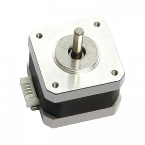 42SHD0217-24B High Torque NEMA 17 Stepper Motor For CNC And Robotics - a silver and black square stepper motor with a central metal shaft and a white four-pin connector.