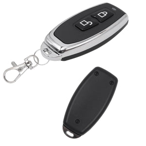 433MHz RF Wireless Remote Control Price - a black and silver remote with two buttons, a metal keychain attachment, and a view of its plain black back.