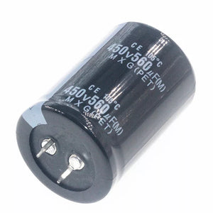 Black cylindrical 450V 560UF capacitor with two terminals for energy storage solutions