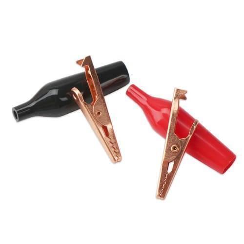 45mm Crocodile Clips Set Alligator Clip - one black and one red metallic alligator clip with protective plastic sleeves against a white background.