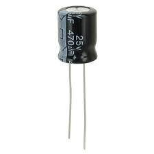 470uF 25V Capacitor - a black cylindrical electrolytic capacitor with two silver wire leads extending from the bottom and white text printed on the side.