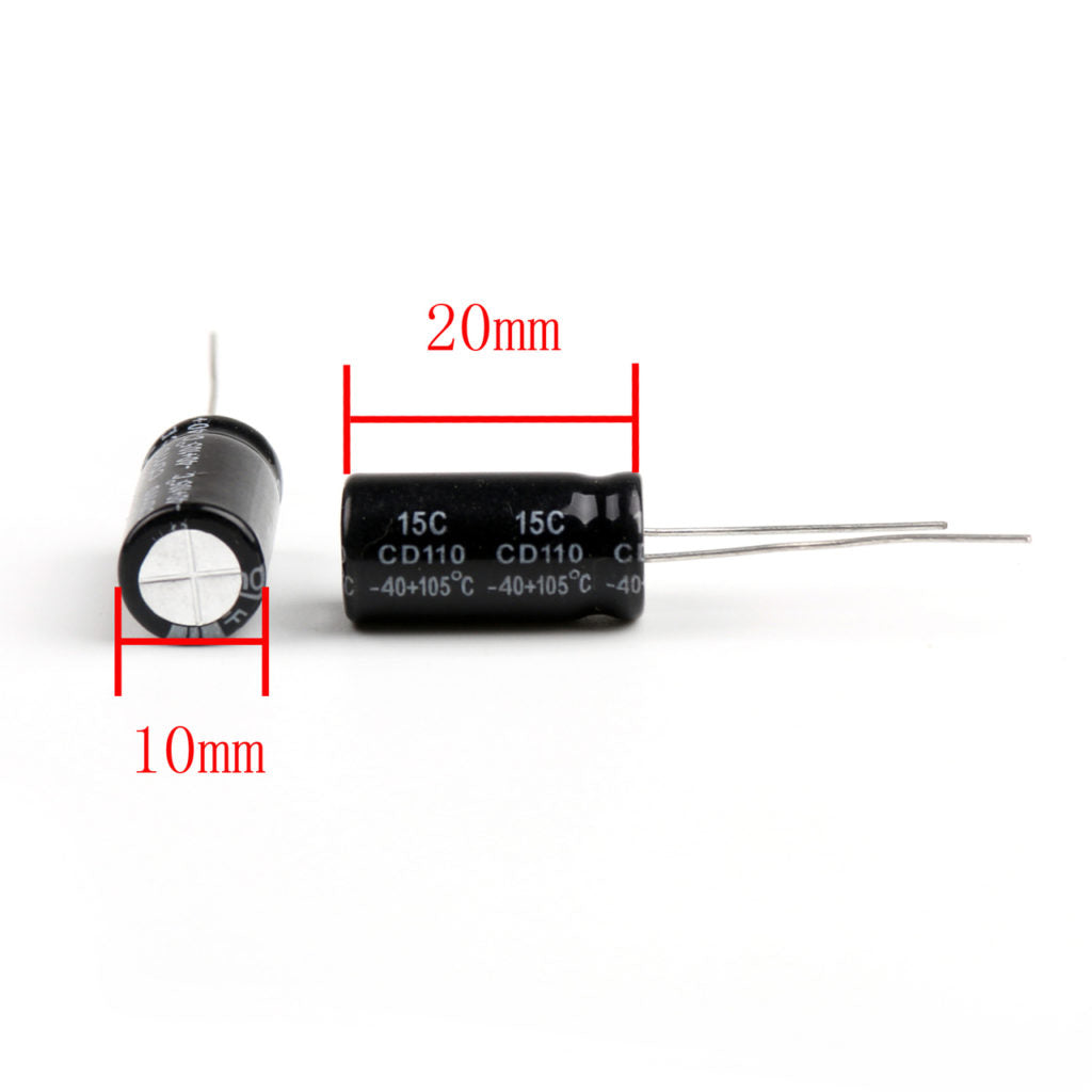 470uF 50V Capacitor Radial Electrolytic Capacitor - shown as two black cylindrical components with dimension markings of 20mm length and 10mm diameter.