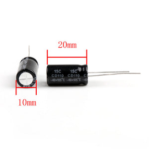 470uF 50V Capacitor Radial Electrolytic Capacitor - shown as two black cylindrical components with dimension markings of 20mm length and 10mm diameter.