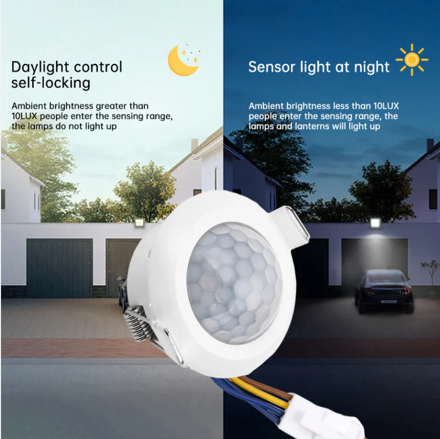 48.5mm Infrared PIR Motion Sensor LED Body Motion Sensor Adjustable Delay Ceiling Buckle Installation Automatic Sensor Light Switch - a white circular motion sensor with a textured lens and a multi-colored wire harness with a white plastic connector.