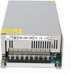 48V 20A 1000W Universal Regulated Switching Power Supply Driver For Cctv Camera LED Strip AC 100-240V Input To DC 48V - a silver metal rectangular unit with a terminal block featuring L, N, ground, COM, and +V connections.