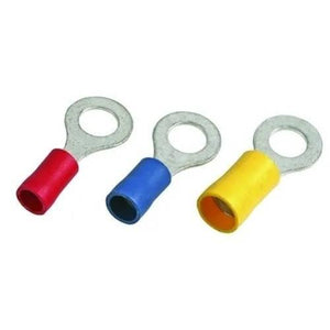 5.5-6mm Insulated Ring Type Cable Lugs o Type Thimble - three ring terminals with red, blue, and yellow plastic insulated sleeves.