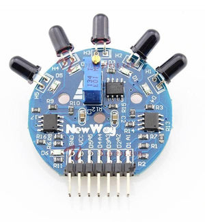5 Channel Flame Sensor Module - a blue circular PCB with five black sensors, a blue potentiometer, two ICs, and an eight-pin header connector.