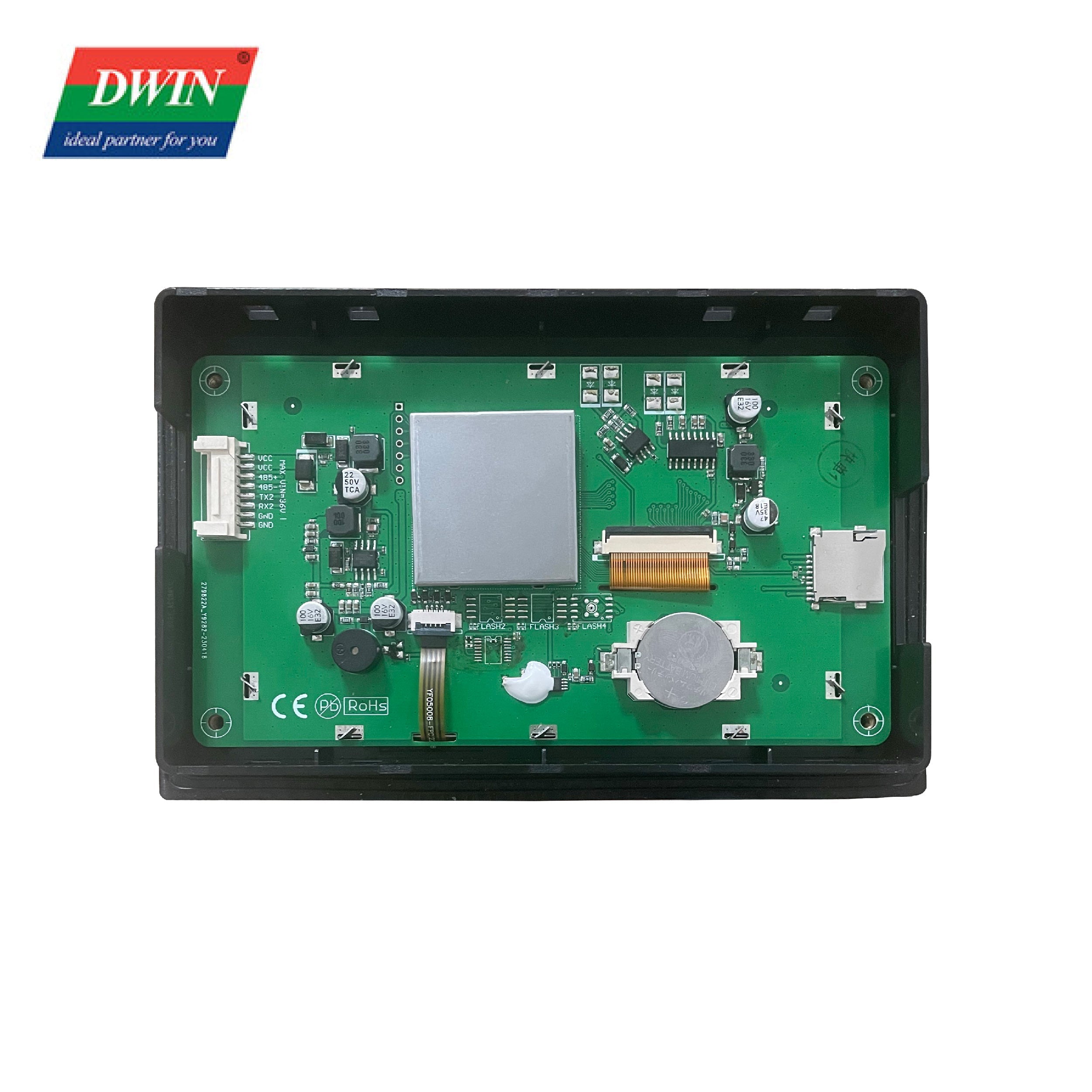 5 Inch With Enclosure HMI Display DMG80480C050 15WTR Commercial Grade - the green circuit board interior with a silver heatsink, a coin battery, and various ports.