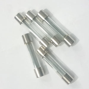 5 Pcs 6MMX21MM 35A Fuse - top-down view of five clear glass cylindrical fuses with silver metal end caps arranged in a small pile on a white surface.