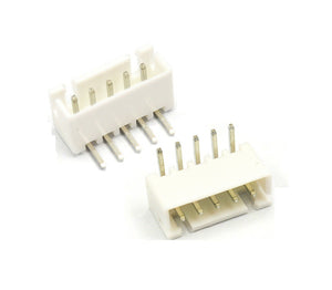 5 Pin Right Angle Male 2.5mm JST Xh Style PCB Mount Connector - two white plastic connectors with five metal pins each in a right-angle configuration.