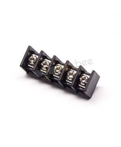 5 Pin Terminal Block Connector Straight Through Hole Black Barrier Terminal - five-position barrier terminal strip featuring silver-coloured screw terminals arranged in a straight line.