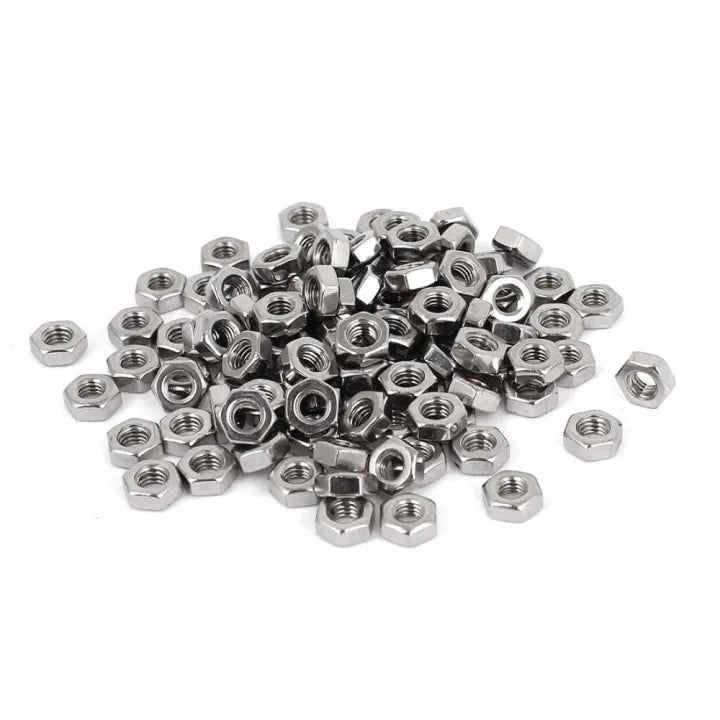 500pcs Metric M3 Nuts Hex Style - shown as a large pile of small, silver-coloured hexagonal metal nuts with threaded centers.