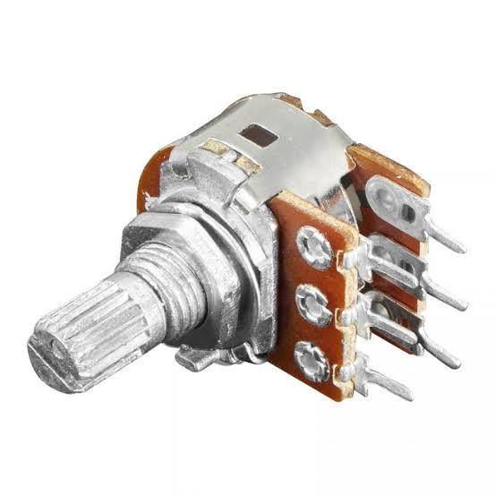 50k Dual Stereo Volume Type Variable Resistor Potentiometer - a silver metal shaft and a brown circuit board base with six metal connector pins.