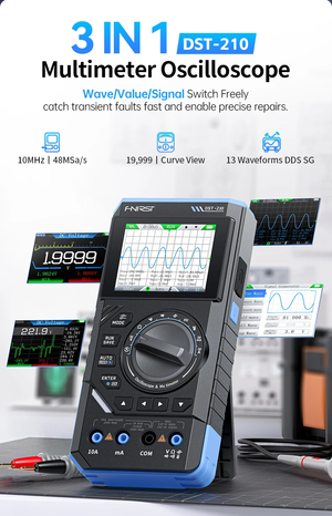 50MHz FNIRSI DST-210 3IN1 Digital Oscilloscope Multimeter Signal Generator - the black and blue handheld device with a central rotary dial, buttons, ports, and screen.