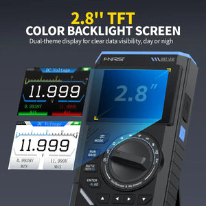 50MHz FNIRSI DST-210 3IN1 Digital Oscilloscope Multimeter Signal Generator - its 2.8-inch color screen with dual-theme display options, rotary mode knob, and control buttons.