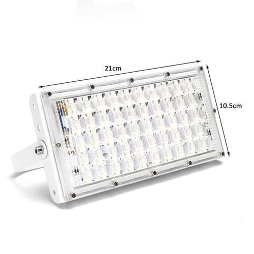 50W 50 LED White Shell Flood Light - shown in a studio shot with dimension labels indicating a length of 21cm and a width of 10.5cm.