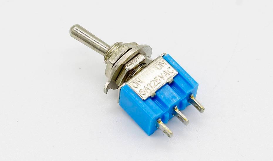 5A 3 Pin Spdt Toggle Switch Spdt On Off - a blue metal and plastic toggle switch with a silver lever and three metal terminals, labeled "ON ON" and "6A 125VAC".