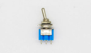 5A 3 Pin Spdt Toggle Switch Spdt On Off - a blue and silver metal toggle switch with three bottom pins and "ON ON 6A 125VAC" printed on the metal casing.