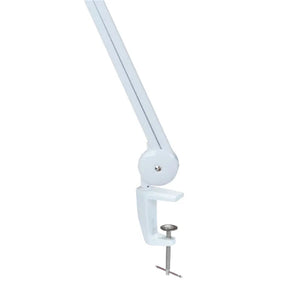 5d Clip Table Type Adjustable Magnifying Glass Lamp Work Lamp LED Lamp Reading Inspection Desk Lamp MA-1209LI - a white metal adjustable lamp arm attached to a white C-clamp mounting base.