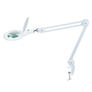 5d Clip Table Type Adjustable Magnifying Glass Lamp Work Lamp LED Lamp Reading Inspection Desk Lamp MA-1209LI - a white, adjustable-arm desk lamp with a circular magnifying lens and a table-mount clamp.