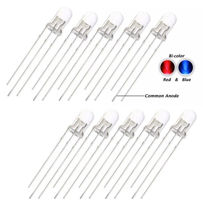 5mm Diffused Blue And Red Common Cathode 3 Pin Round 5mm LED Light-emitting Diode - ten clear 3-pin LEDs arranged in two rows with a diagram indicating common anode.