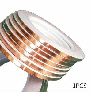 5mm x 20M Conductive Copper Foil Tape - shown as a single roll of shiny, metallic copper-coloured adhesive tape with a white inner core.