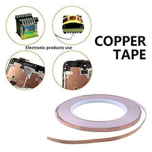 5mm x 20M Conductive Copper Foil Tape - shown as a roll with circular insets demonstrating its application on electronic components and circuit boards.