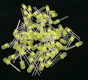 5mm Yellow LED Light Emitting Diode - shown as a large pile of individual yellow-tinted, round-top LED components with two metal leads each.