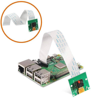 5MP Raspberry Pi Camera Module V1.3 - connected to a green Raspberry Pi circuit board via a flat white ribbon cable, with an inset showing the camera.