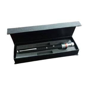 5mW 532nm Green Laser Pointer Pen - shown in a black rectangular storage box with a silver button and a silver-toned tip.